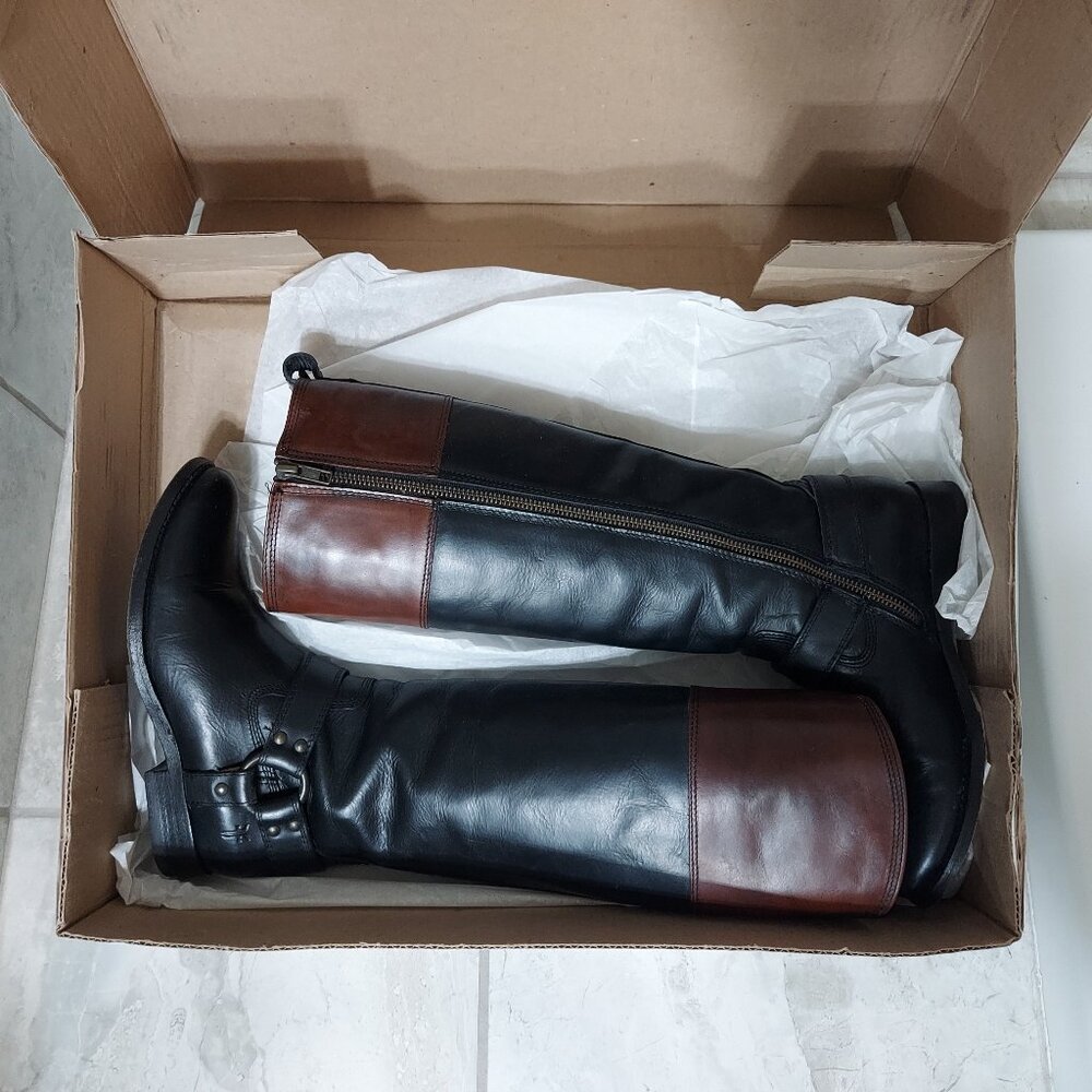 Frye Melissa Harness Inside Black Tall Boots, size 5.5 M